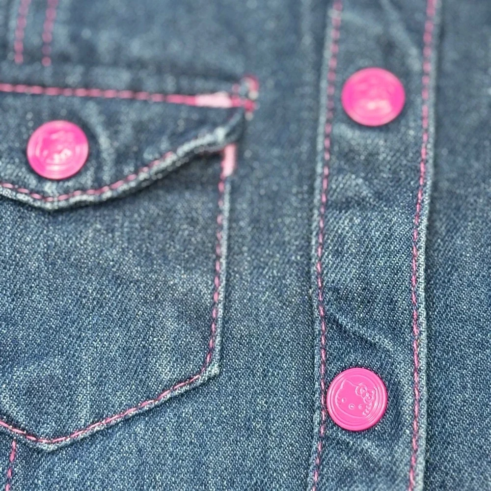 Hello Kitty Girls Denim Shirt Dress Blue Pink Ruffle Embroidered Size 12 Y2K